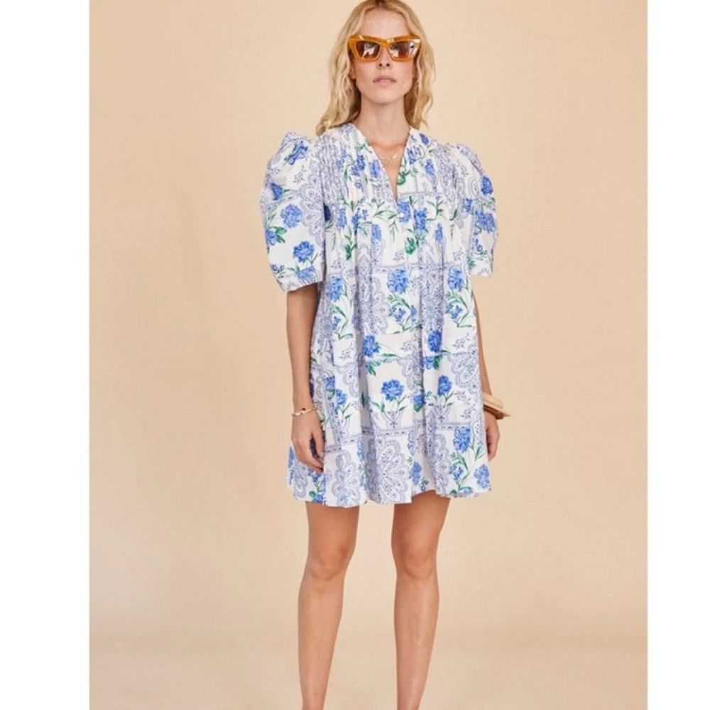 Hunter Bell Jenkins Cotton Floral Short Puff Sleeve V-Neck Trapeze Mini Dress